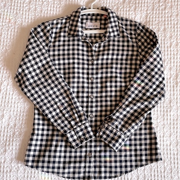 Orvis Women’s Flannel Shirt Med Black Off White Cotton Blend Long Sleeve - Picture 13 of 13